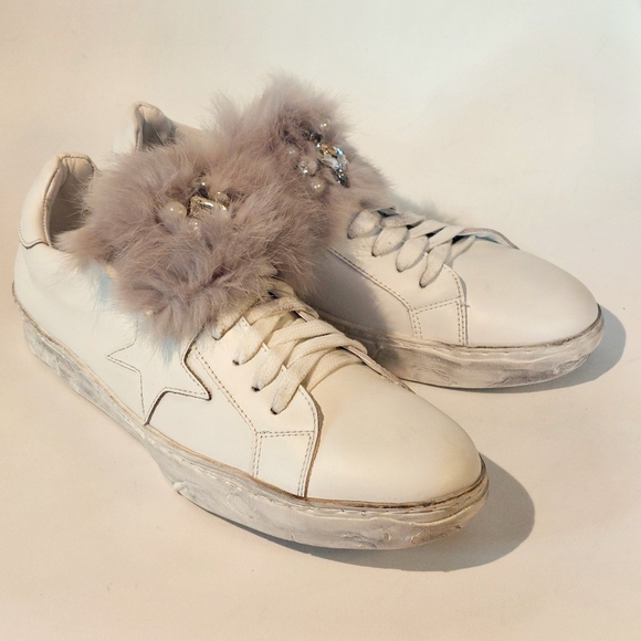 Piranha distressed white leather sneakers w fur trim, EU41, New, trade sample - Picture 8 of 16